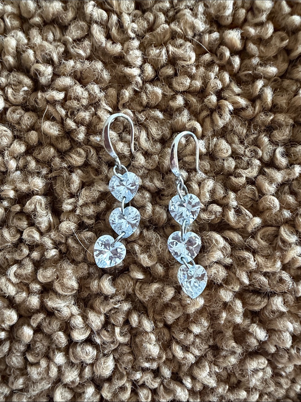 Sterling Silver Dainty Triple Heart Drop Earrings in Silver with Clear Stones